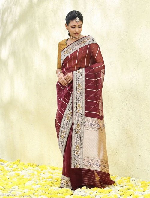 Dark Wine Handloom Kora Silk Banarasi Saree
