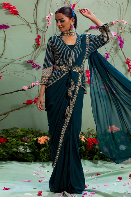 Embroidered Jacket With Draped Saree