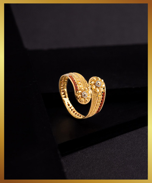 Floral Gold Ring With Red Stone