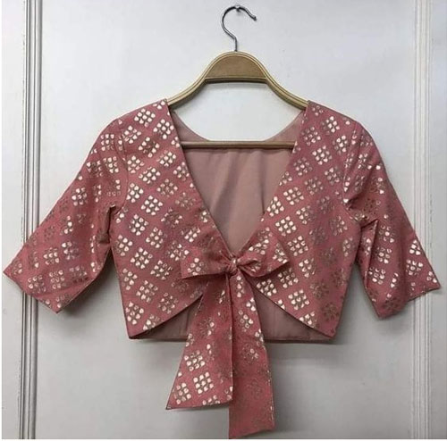 Golden Printed Back Knot Blouse Design