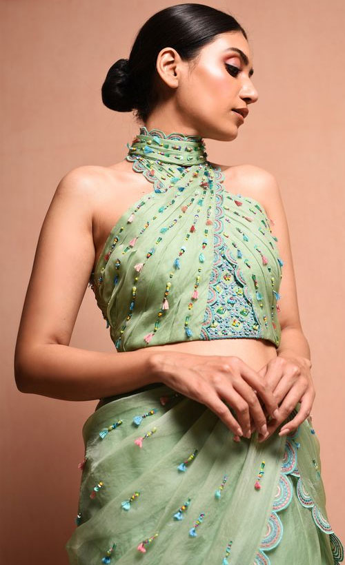 Green Wrapped Neck Style Blouse Design
