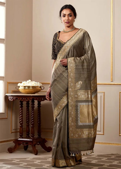 Handloom Grey Tusser Silk Banarasi Saree