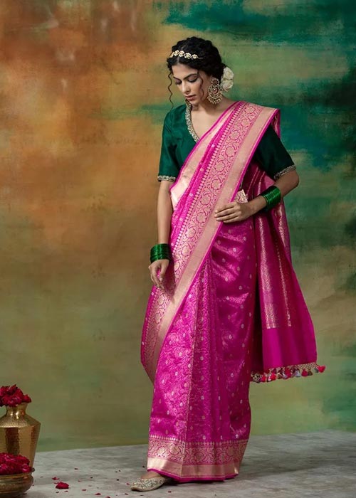 Handloom Hot Pink Pure Banarasi Saree