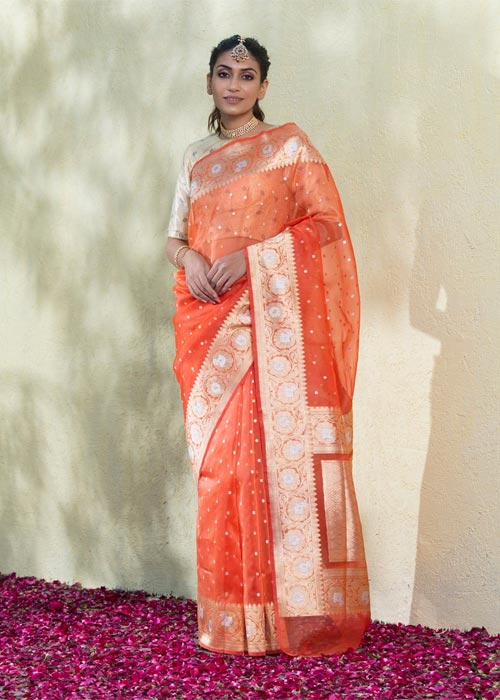 Handloom Peach Kadhwa Organza Banarasi Saree With Booti