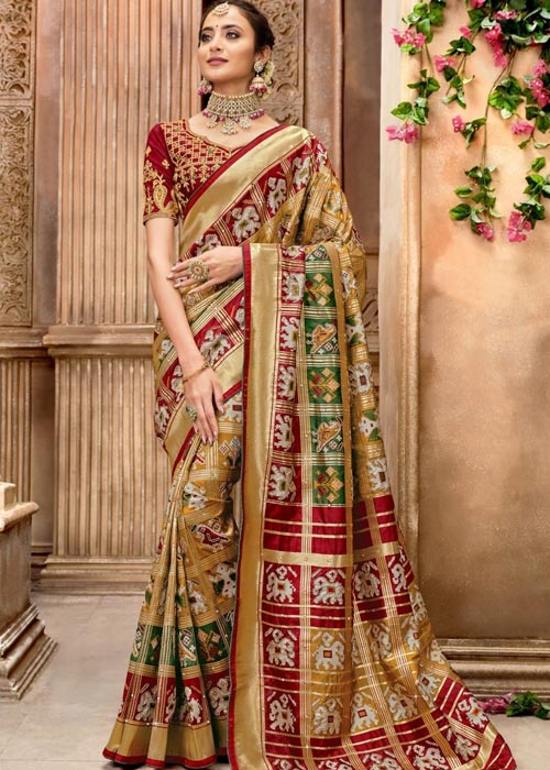 Metallic Gold Patola Silk Saree With Mirror Khatli And Cut-Dana Work