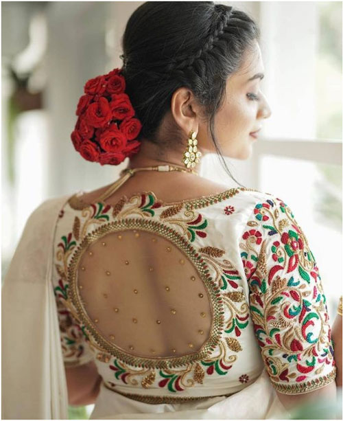 Off White Net Patch work Blouse Design