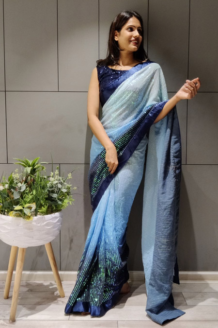 Ombre Print Blue Sequins Saree