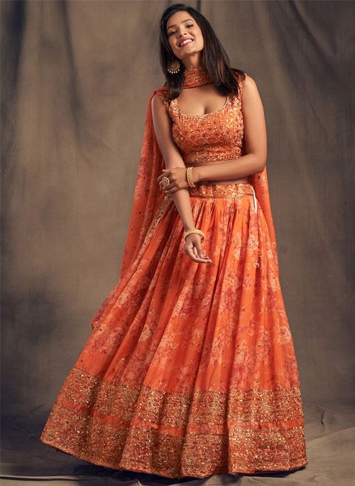 Orange floral printed Lehenga Choli With Sequins Zari Embroidery Work