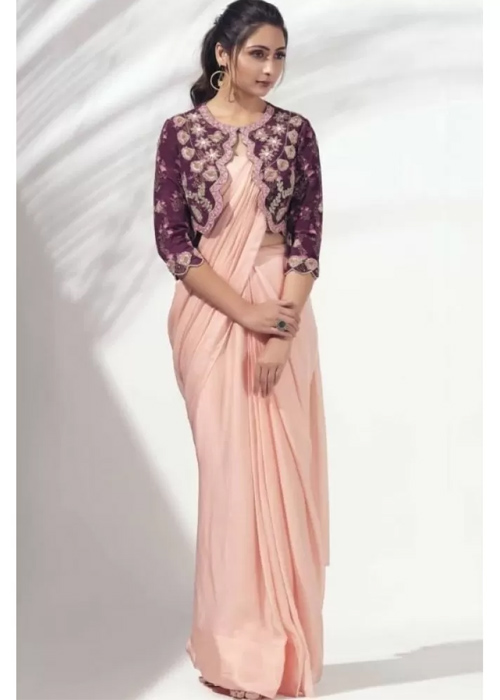 Peach Georgette Plain Saree