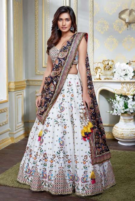 Pearl White Raw Silk Embroidered Lehenga