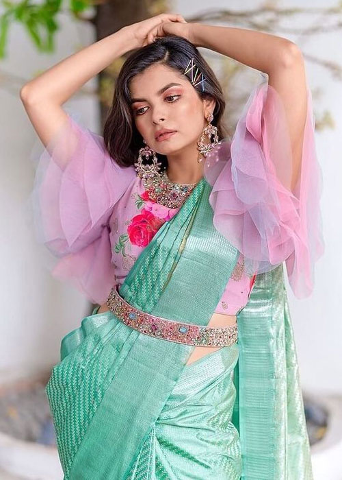 Pink Blouse With Aqua Blue Saree