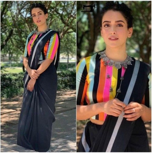 Rainbow Blouse With Black Plain Saree
