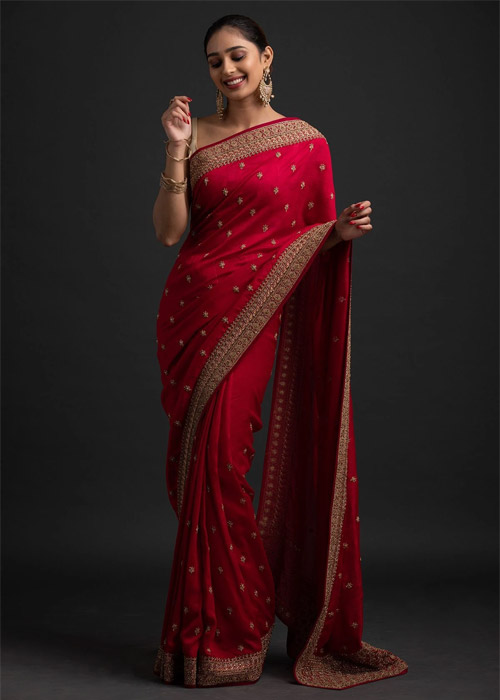 Rani Pink Stonework Raw Silk Designer Saree