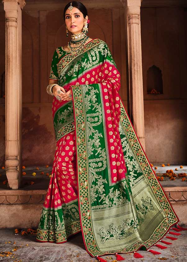 Red Banarasi Saree With Sequins Embroidery 