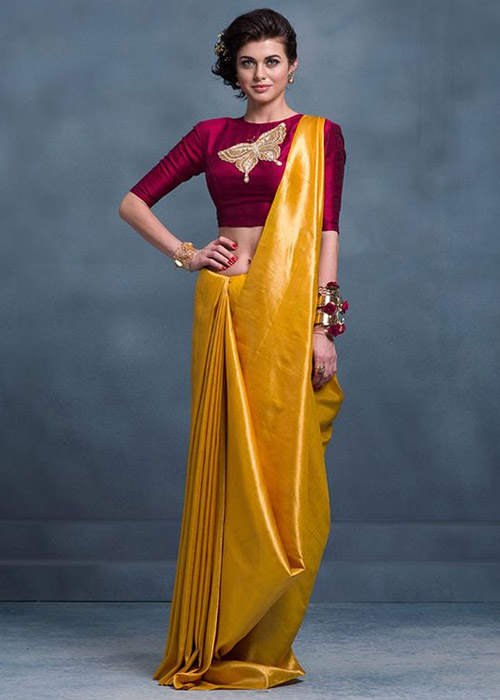 Red Butterfly Blouse With yellow Plain Saree