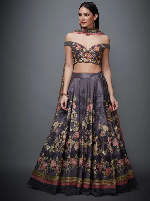 Ri Ritu Kumar Grey Off Shoulder Blouse With Lehenga And Dupatta