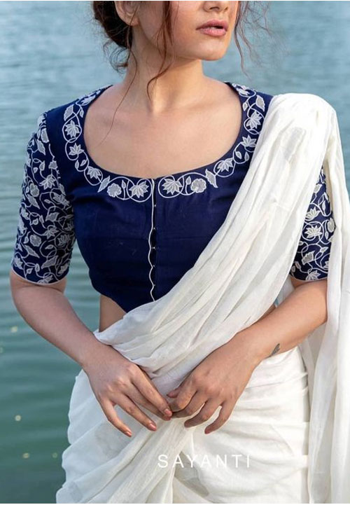 Round Neck Designer Blue Blouse With White Saree