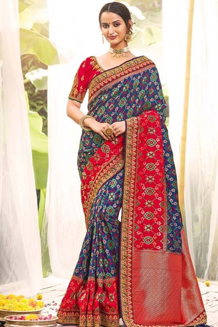 Royal Blue Patola Saree With Heavy Border And Blouse