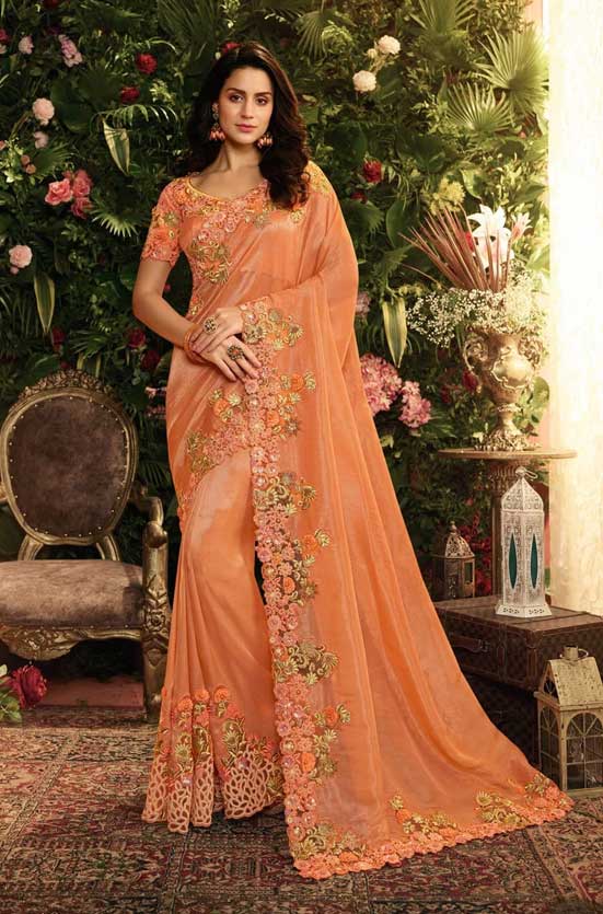 Royal Orange Designer Embroidered Saree