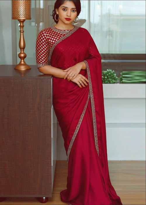 Stunning Red Colored Georgette Silk Plain Saree