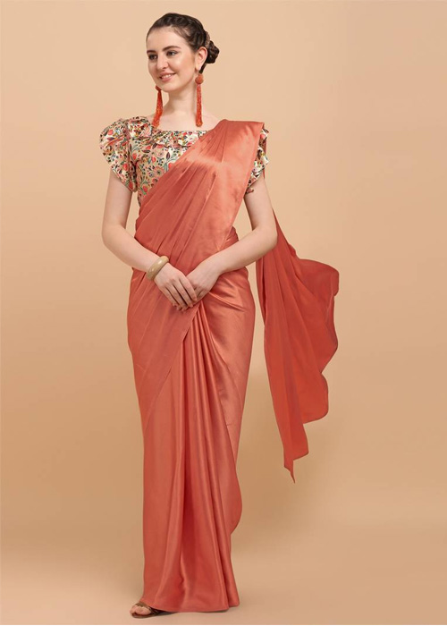 Tomato Plain Designer Silk Saree With Digital Printed Blouse