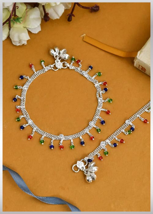 Traditional Multibeads Silver Anklet