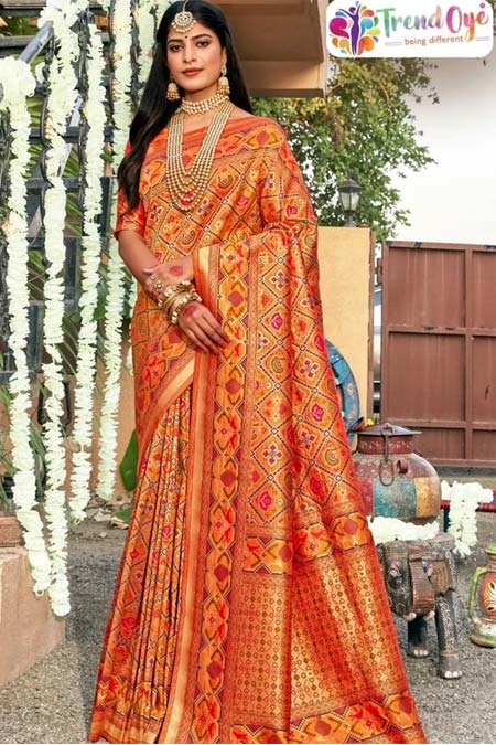 Vibrant Orange Silk Blend Woven Patola Designer Saree