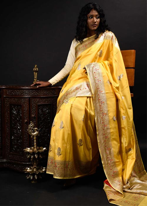 Yellow Mashru Satin Silk Handloom Banarasi Saree