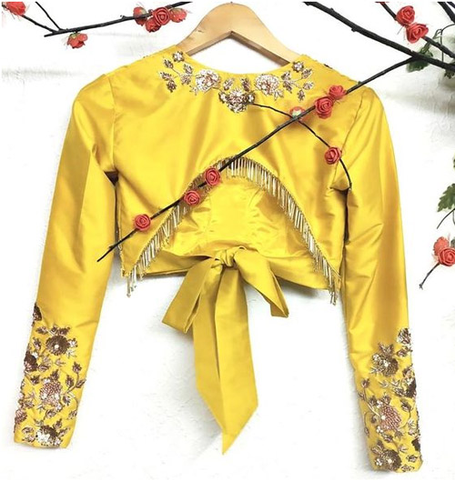 Yellow Stylish Back Knot Blouse Design