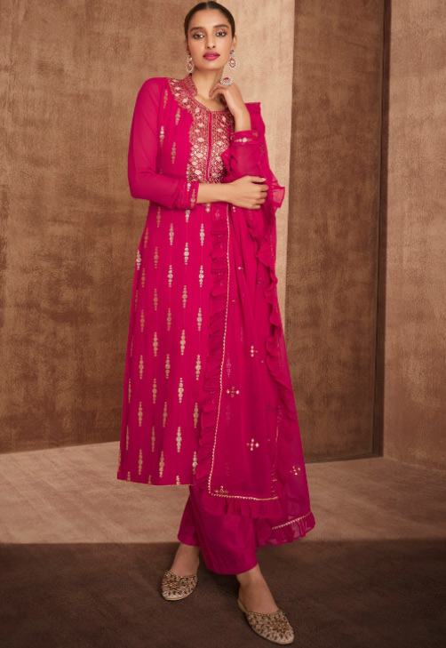 Dark Pink Georgette Suit With Embroidered Frill Work Dupatta