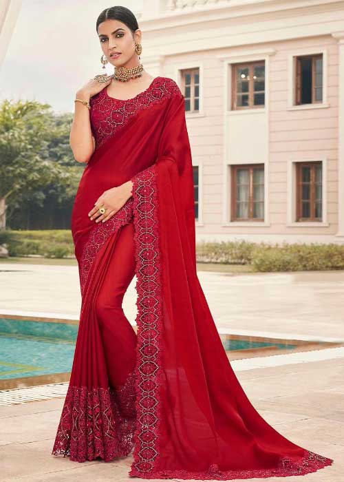 Desirable Red Coloured Partywear Embroidered Fancy Saree