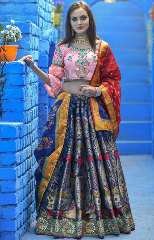 Blue Banarasi Lehenga With Pink Blouse