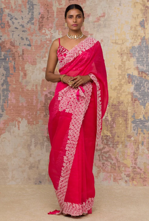 Fuschia Organza White Embroidered Saree