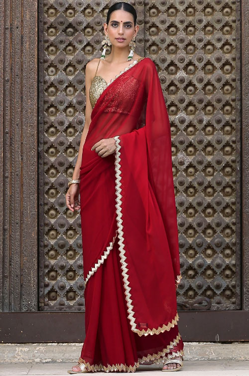 Red Saree With Sequin Work Border