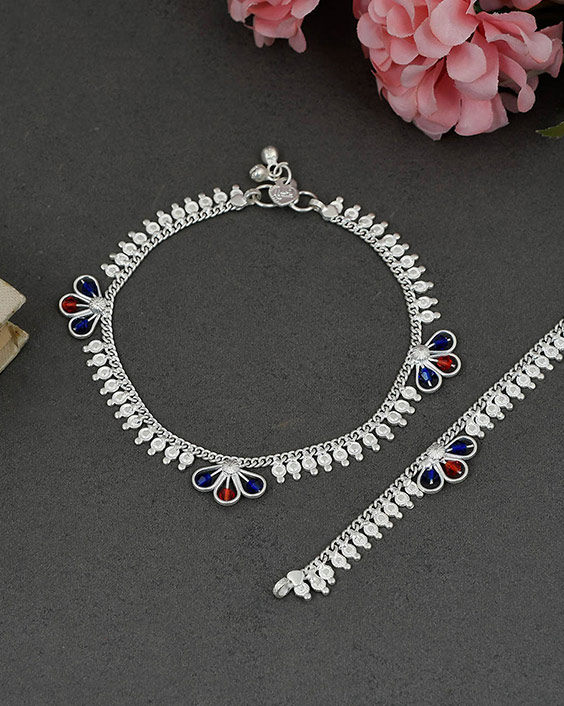 Tasselled Silver Meenakari Anklet