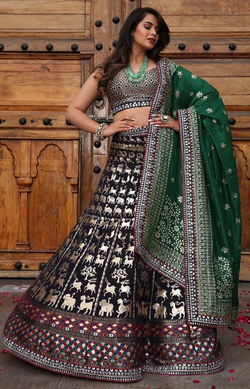 Floor Length Black Banarasi Silk Lehenga