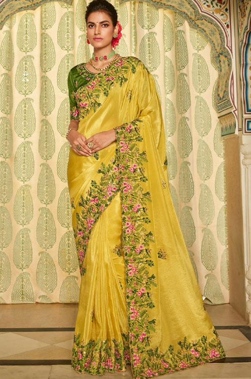 Heavy Embroidered Yellow Saree With Green Blouse