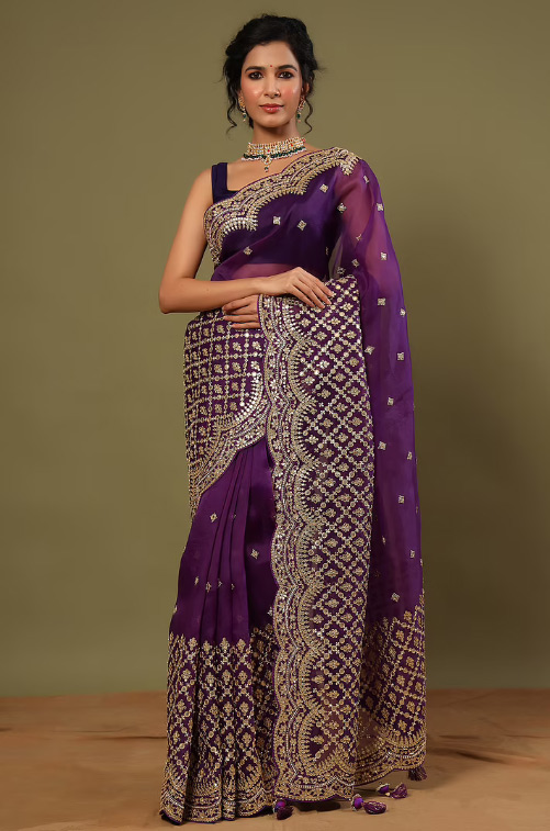 Purple Box Pallu Work Organza Saree