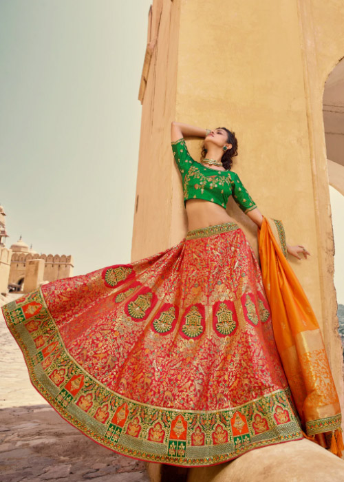 Red Lehenga With Designer Blouse And Border Work Dupatta