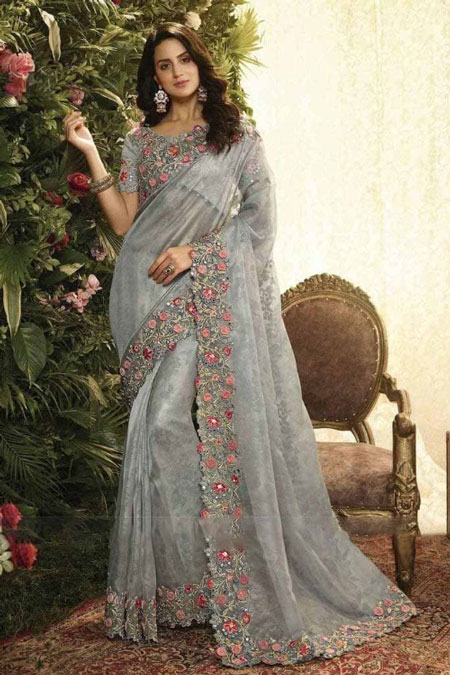 Silver Grey Organza Saree With Raw Silk Blouse