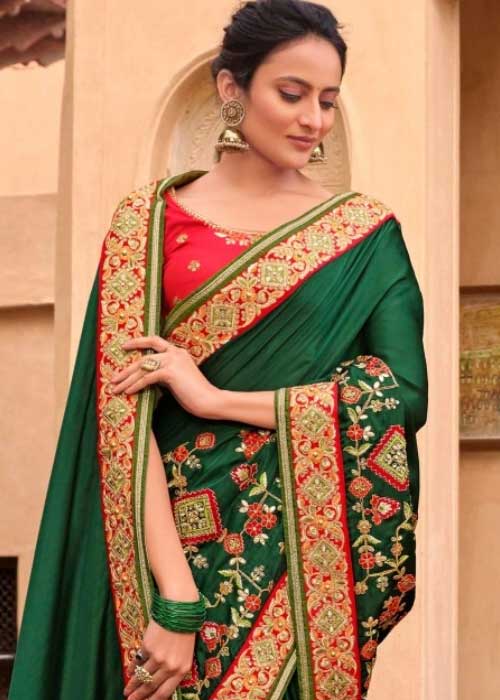 Bottle Green Silk Embroidered Saree