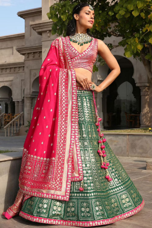 Panelled Green Lehenga With Hot Pink Designer Blouse