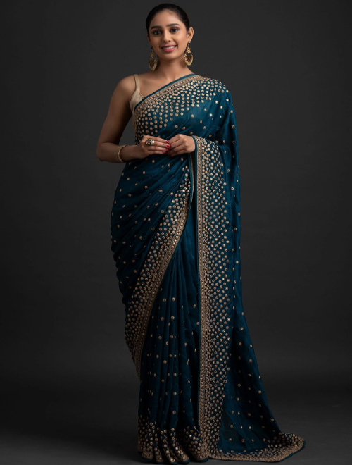 Peacock Blue Zariwork Raw Silk Designer Saree