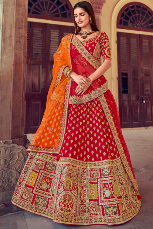 Red Banarasi Silk Lehenga With Double Dupatta