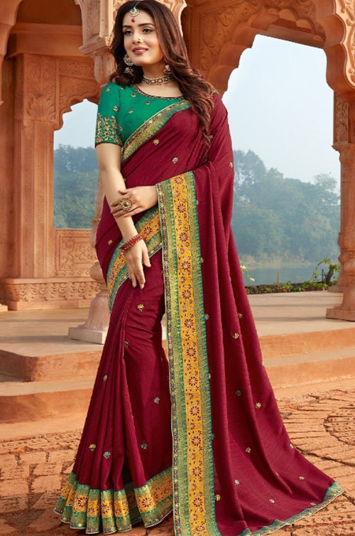 Red Saree With Yellow Embroidered Border