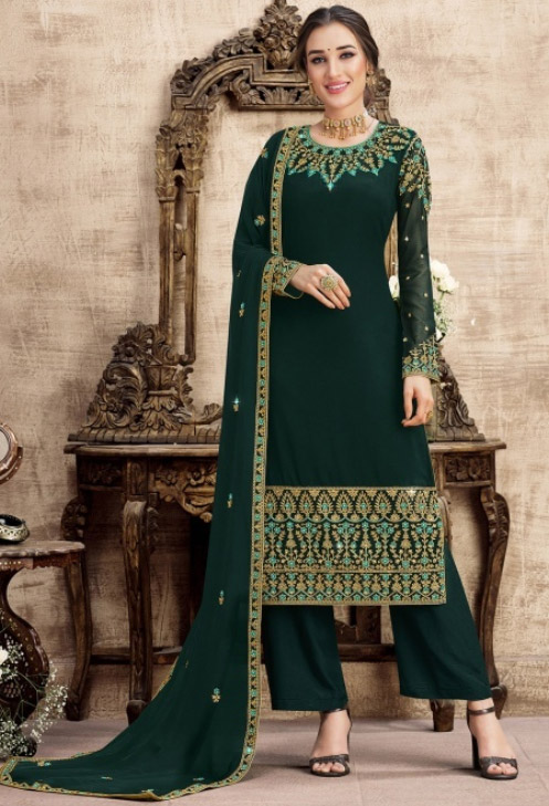 Bottle Green Heavy Work Georgette Suit