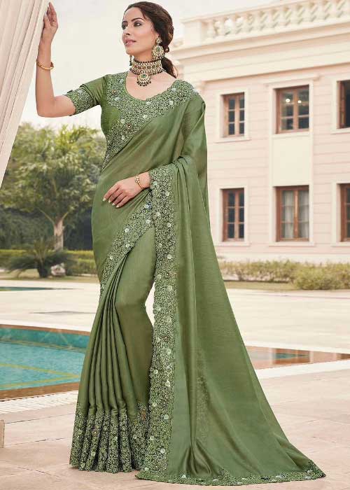 Elegant Green Coloured Partywear Embroidered Fancy Saree