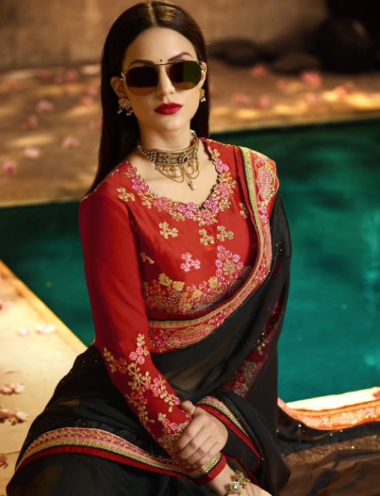 Black Saree And Red Blouse