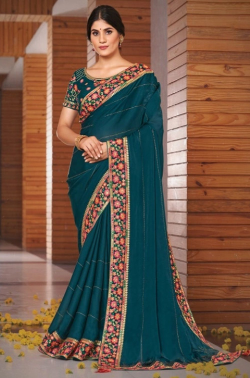 Embroidered Border Teal Blue Saree