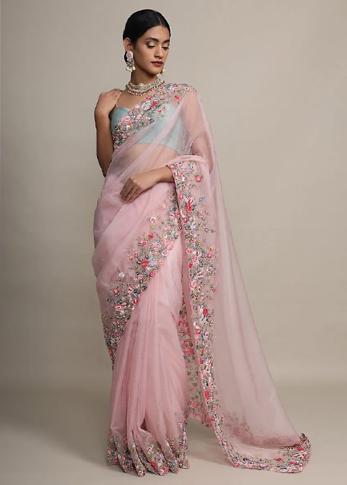 Resham Floral Embroidered Organza Saree